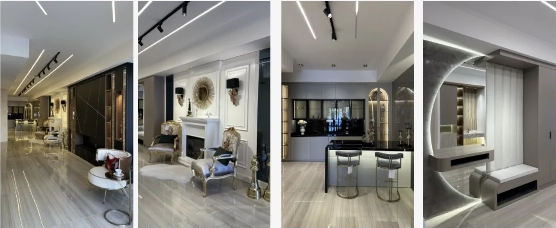 Salon, şömine duvarı, mutfak ve giriş